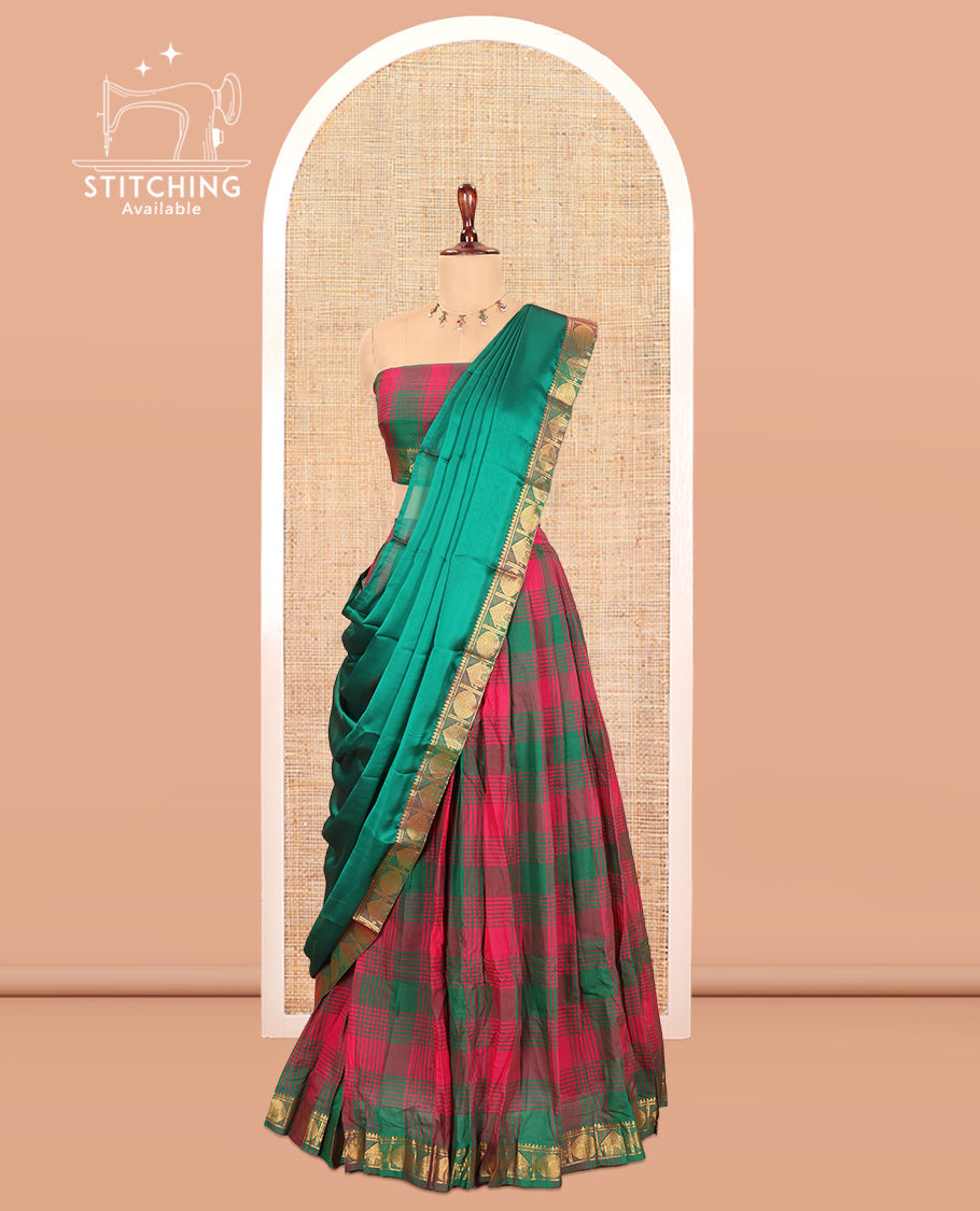 Multi-Color Checked Chettinad Cotton Half-Saree Features a House-Rudraksha Border, Matching Blouse, Contrast Dhavani