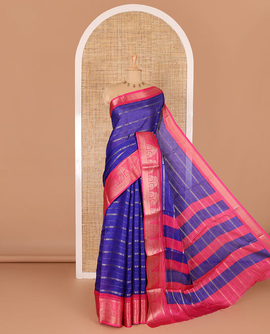 Violet traditional zari design dola silk saree, contrast tree of life and peacock design border, zari design pallu, and contrast zari woven blouse