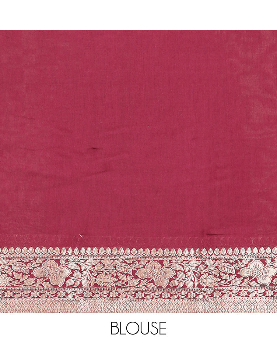 Sandal Plain Assam Silk Saree, Complemented by a Contrast Floral Creeper Zari Design Border, Pallu Steeped with Zari Stripes, and Paired with a Contrast Blouse