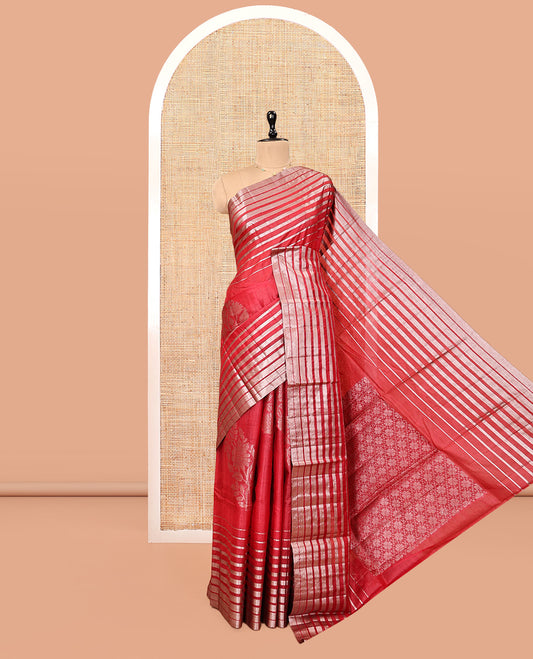 Borderless Red Tussar Silk Saree, Gracefully Embellished with Zari Stripes and Floral Buttas, Striped Pallu, and a Matching Blouse