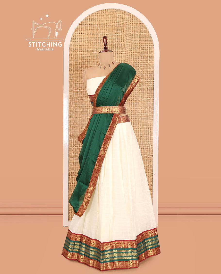 Cream-Green Semi-Silk Cotton Half-Saree