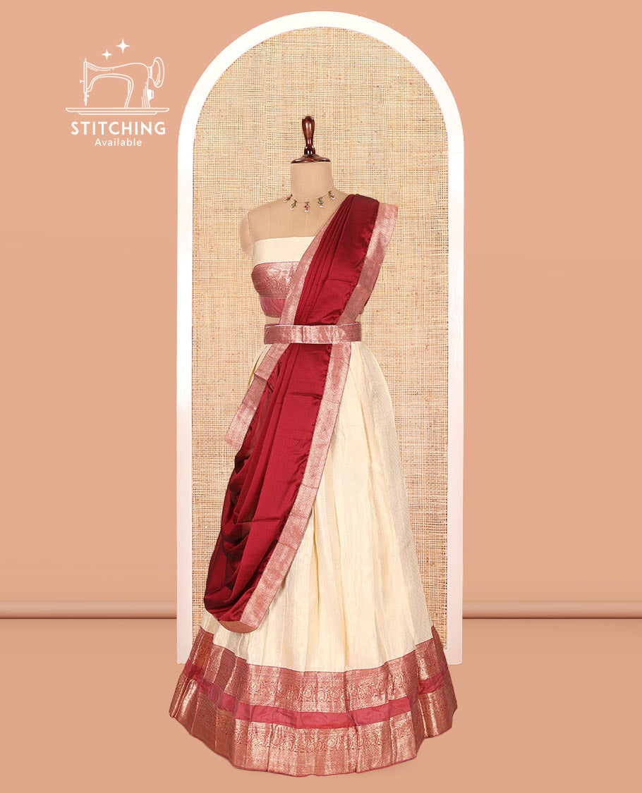 Cream-Maroon Semi-Silk Half-Saree