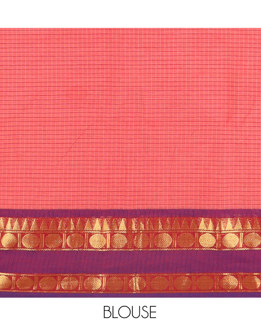 Pink Chettinad Cotton Saree, Accentuated with Micro-Checks on Its Body, Complemented by a Contrast Temple Traditional Zari Design Rettai Pettu Border, Subtly Striped Pallu, and Paired with a Matching Blouse
