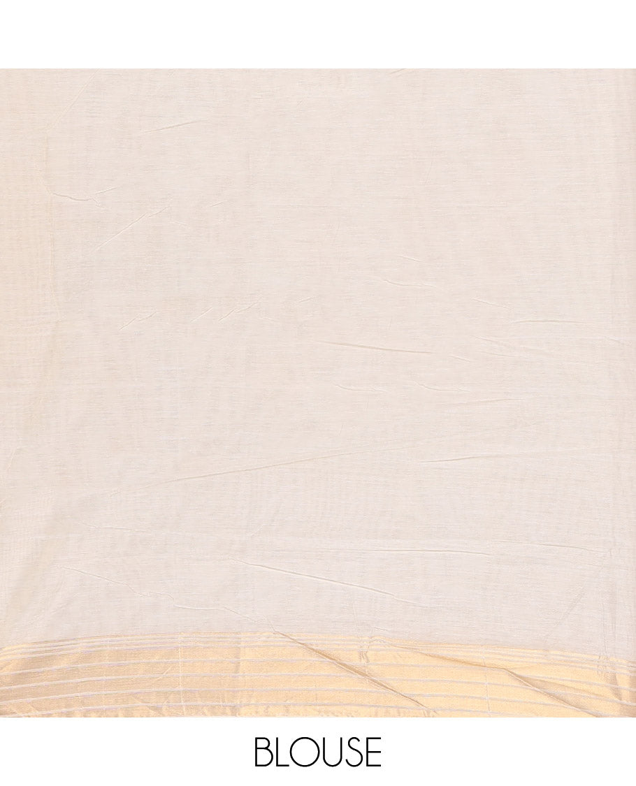 Cream Chanderi Cotton Saree Features Polka Dot Enclosed Checks, a Zari Border, a Matching Blouse