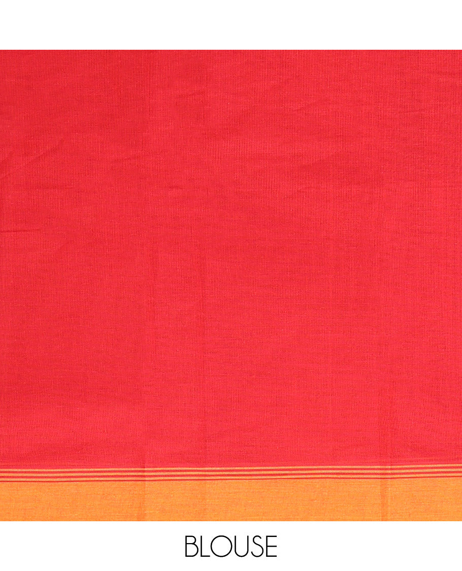 Red Kanchi Cotton Saree, Accentuated with Paisley Buttas All Over Its Body, Complemented by Contrast Border, Pallu Steeped with Floral Design, and Paired with a Matching Blouse