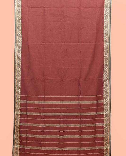 Maroon Plain Nine-Yard Cotton Saree, Complemented by a Contrast Border of Floral and Paisley Designs, Striped Pallu, and Comes Without a Blouse