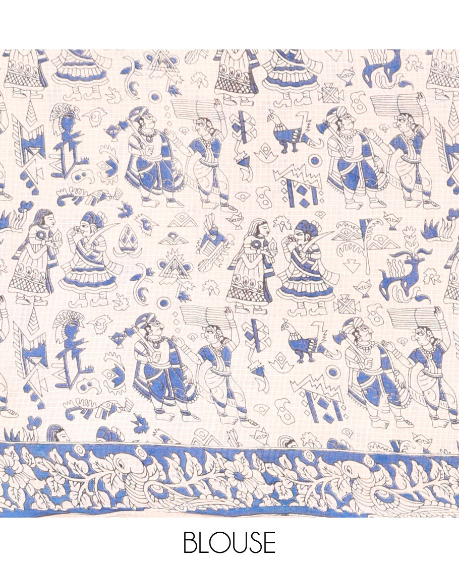 Borderless Turquoise Kalamkari Cotton Saree Features Human Motifs Print, Contrast Ancient Human Printed Kalamkari Pallu, and a Contrast Blouse