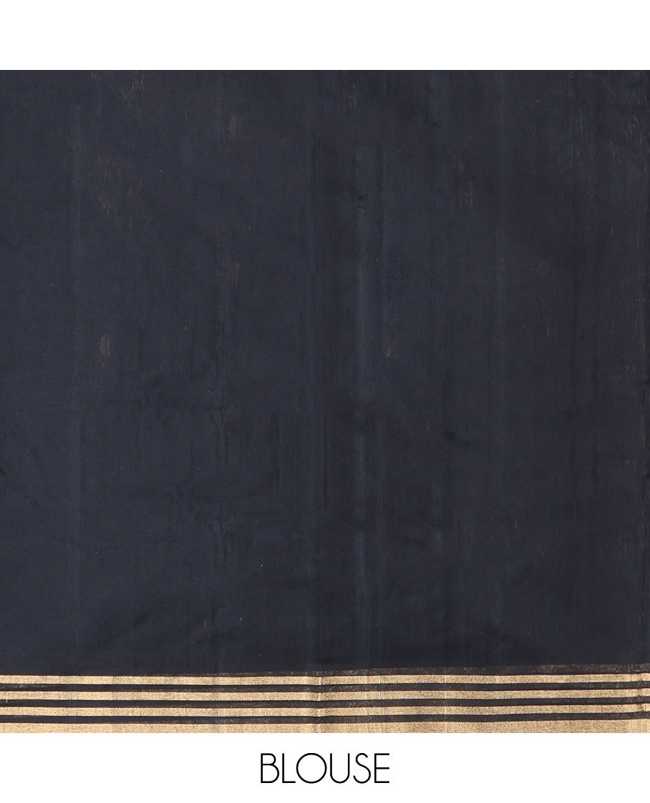 Black Chanderi Cotton Saree, Decorated with Paisley Buttas All Over Its Body, Highlighted by Zari Border, Pallu of Floral and Stripes, and Paired with a Matching Blouse