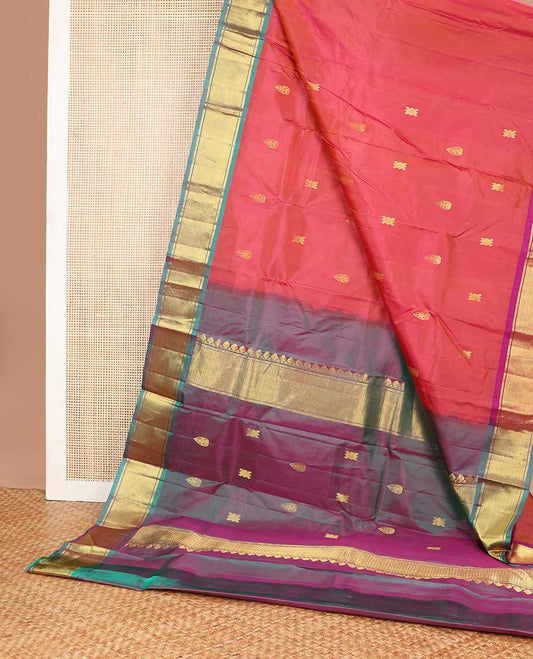 Red buttas kancheepuram silk saree with contrast ganga jamuna geometric design border & floral design pallu
