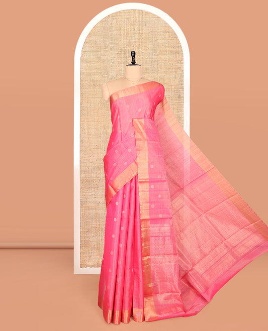 Pink Silk Cotton Saree, Detailed with Rudraksham Buttas, a Gleaming Bavanji Border, Pallu of Geometric Designs, and a Matching Blouse