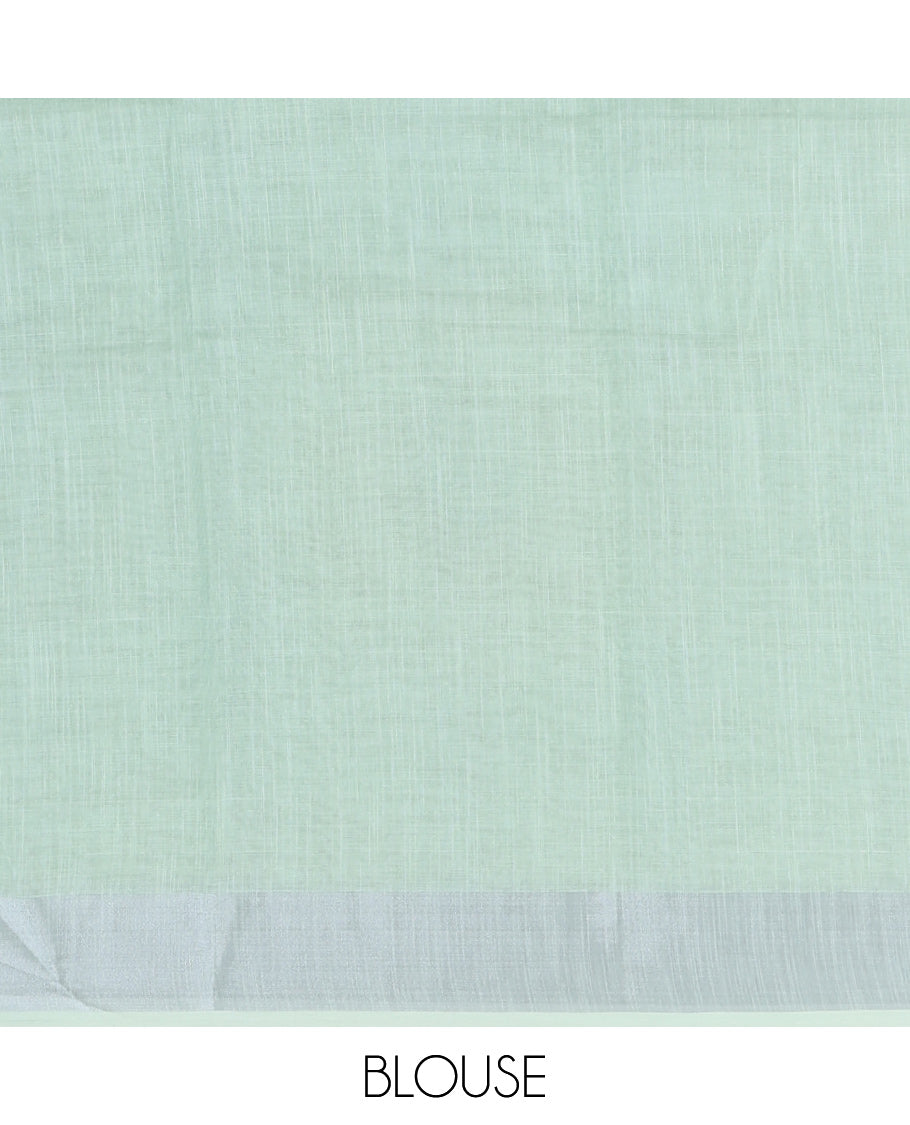 Green Linen Cotton Saree, Beautified with a Floral Print, a Subtle Border, and a Matching Blouse