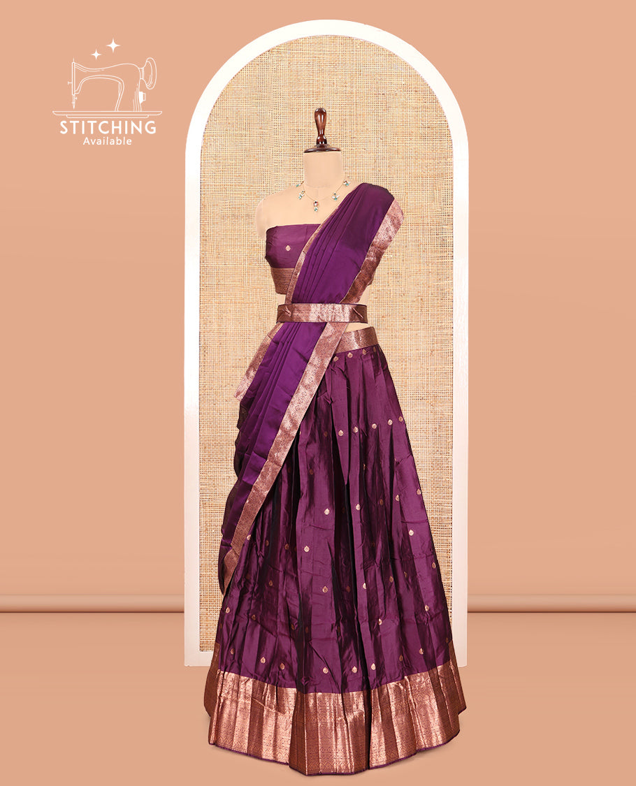 Dark Purple Semi-Silk Half-Saree, Elevated with Zari Buttas Skirt, a Matching Blouse, and a Zari Design Dhavani