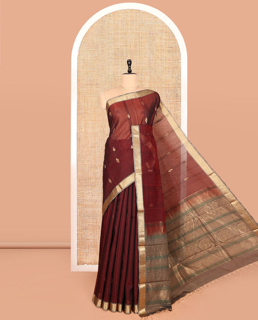 Maroon Silk Cotton Saree, Delicately Woven with Diamond Buttas, Contrast Diamond Zari Border, Pallu of Peacock-Paisley Designs, and a Contrast Blouse