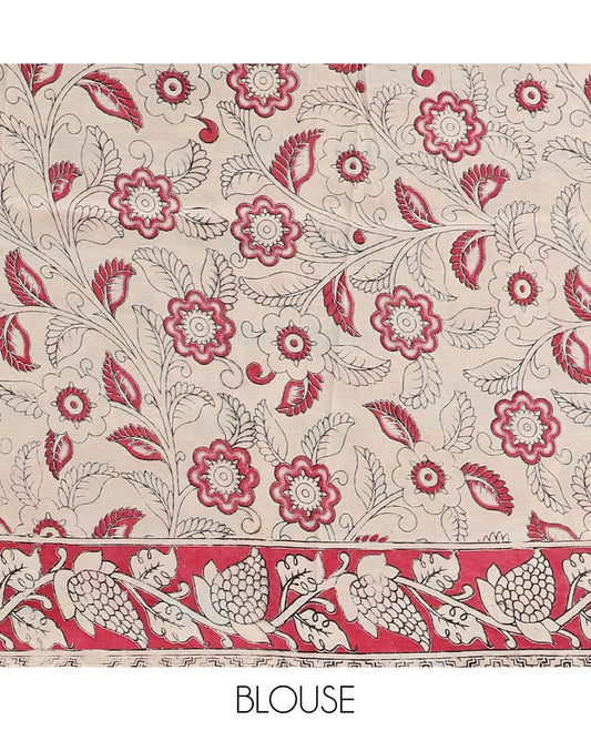 Green floral design printed kalamkari cotton saree with contrast floral border & intricate design pallu