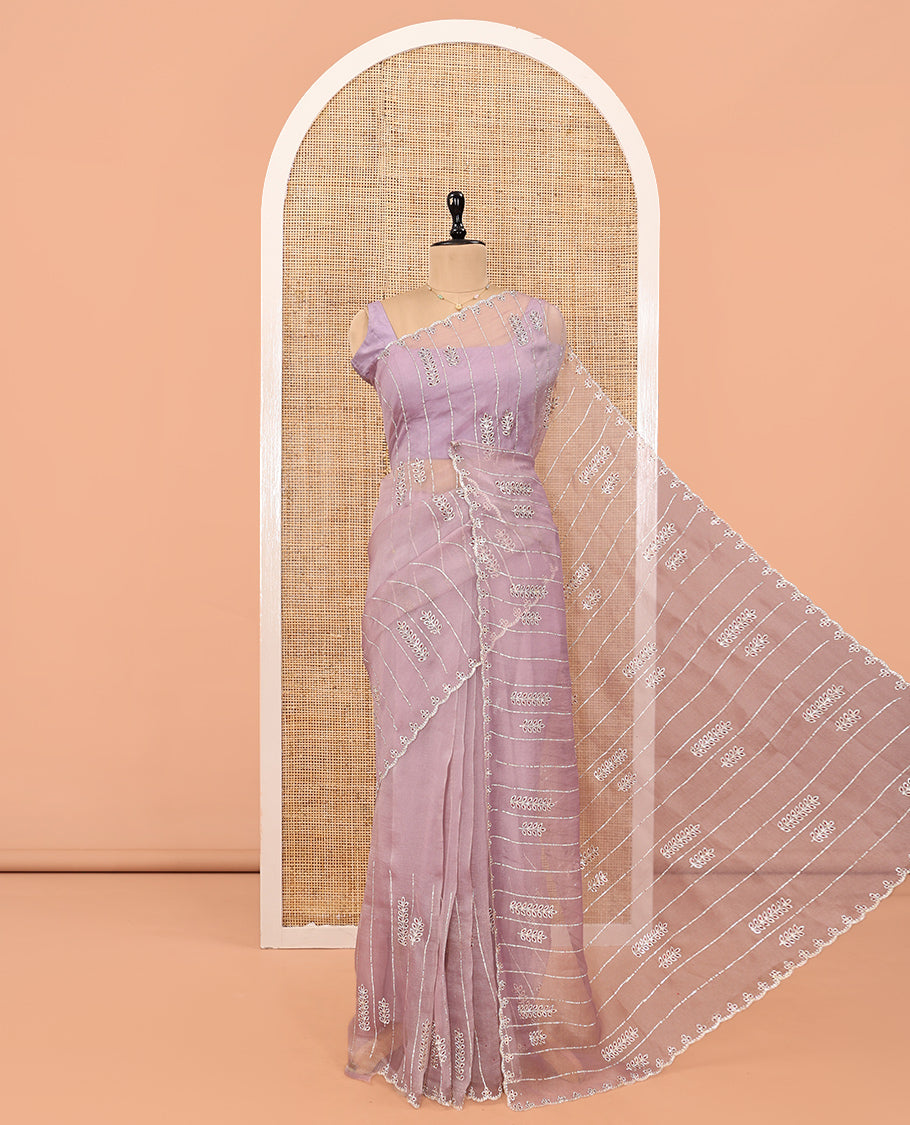 Lavender Swarovski and Meena Stonework Organza Designer Saree with Scallop Border, Matching Blouse