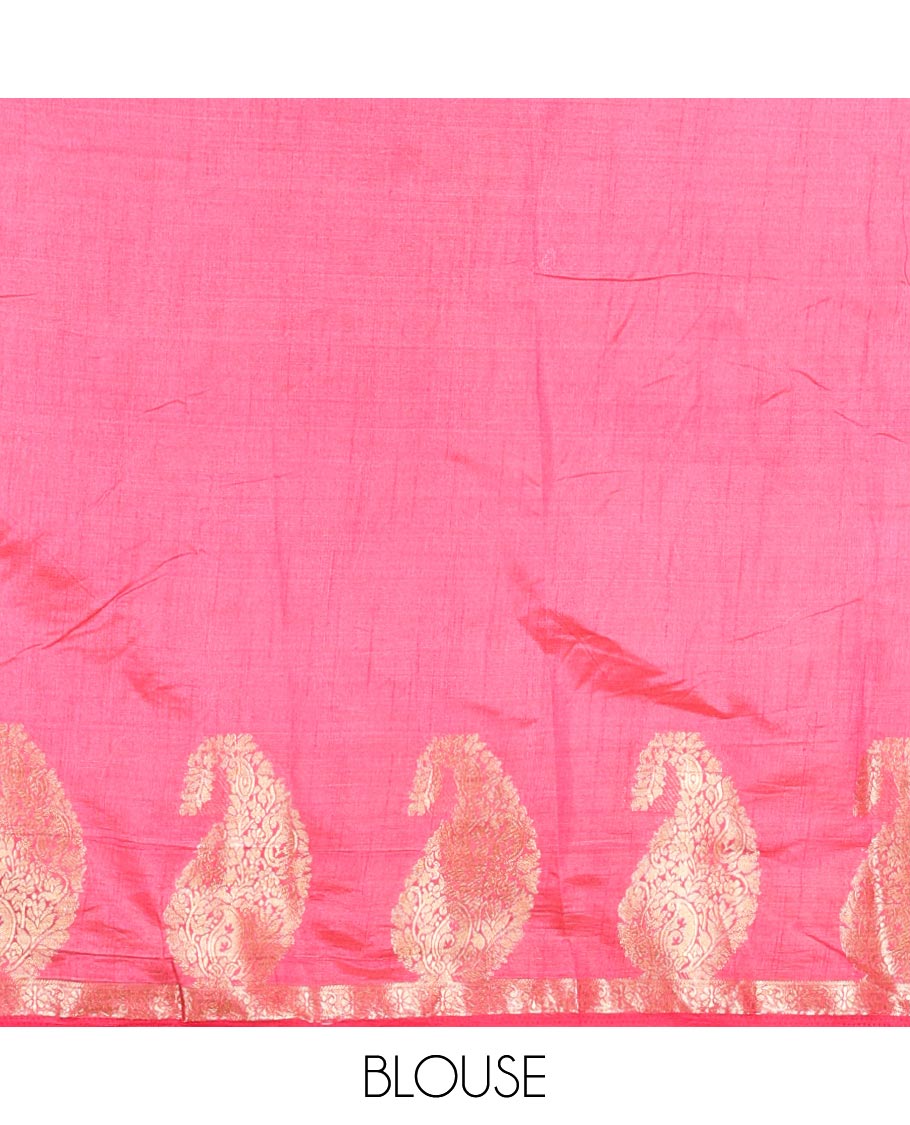 Rani Pink Plain Semi-Tussar Saree Artfully Detailed with a Self Border Featuring Floral and Paisley Zari Weave, Adorned with a Zari-Striped Pallu, Paired with a Matching Zari-Woven Blouse