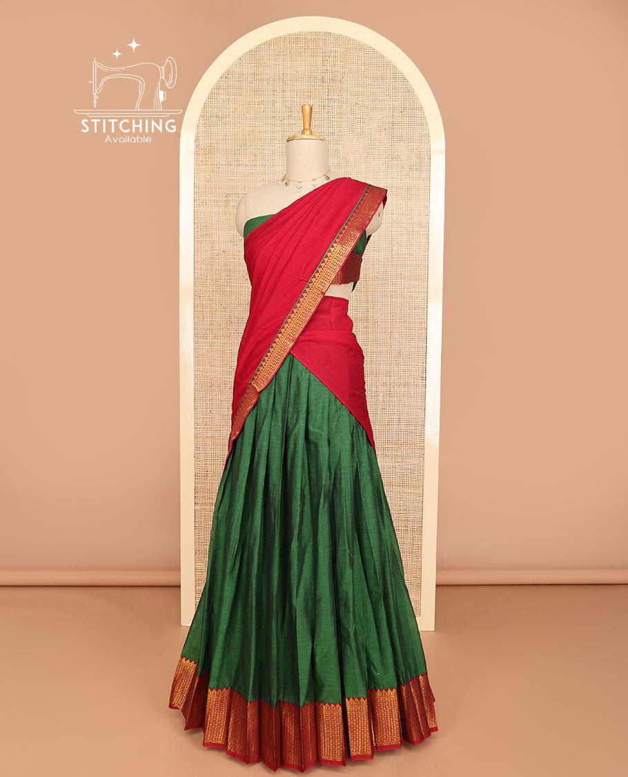 Green cotton half saree with self zari design border, zari design blouse & plain, temple, checked design border dhavani