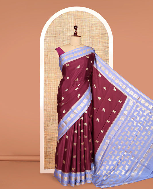 Maroon Mysore Silk Saree Features Pichwai Cow Buttas, Contrast Pichwai Cow Zari Border, a Pichwai Cow Pallu, and a Contrast Blouse