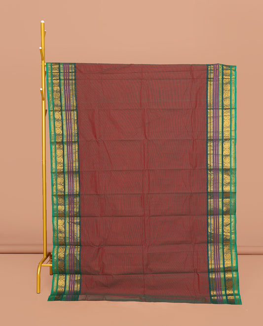 Maroon Plain Chettinad Cotton Saree, Complemented by a Contrast Traditional Zari Design Border, Pallu of Stripes, and Paired with a Matching Blouse