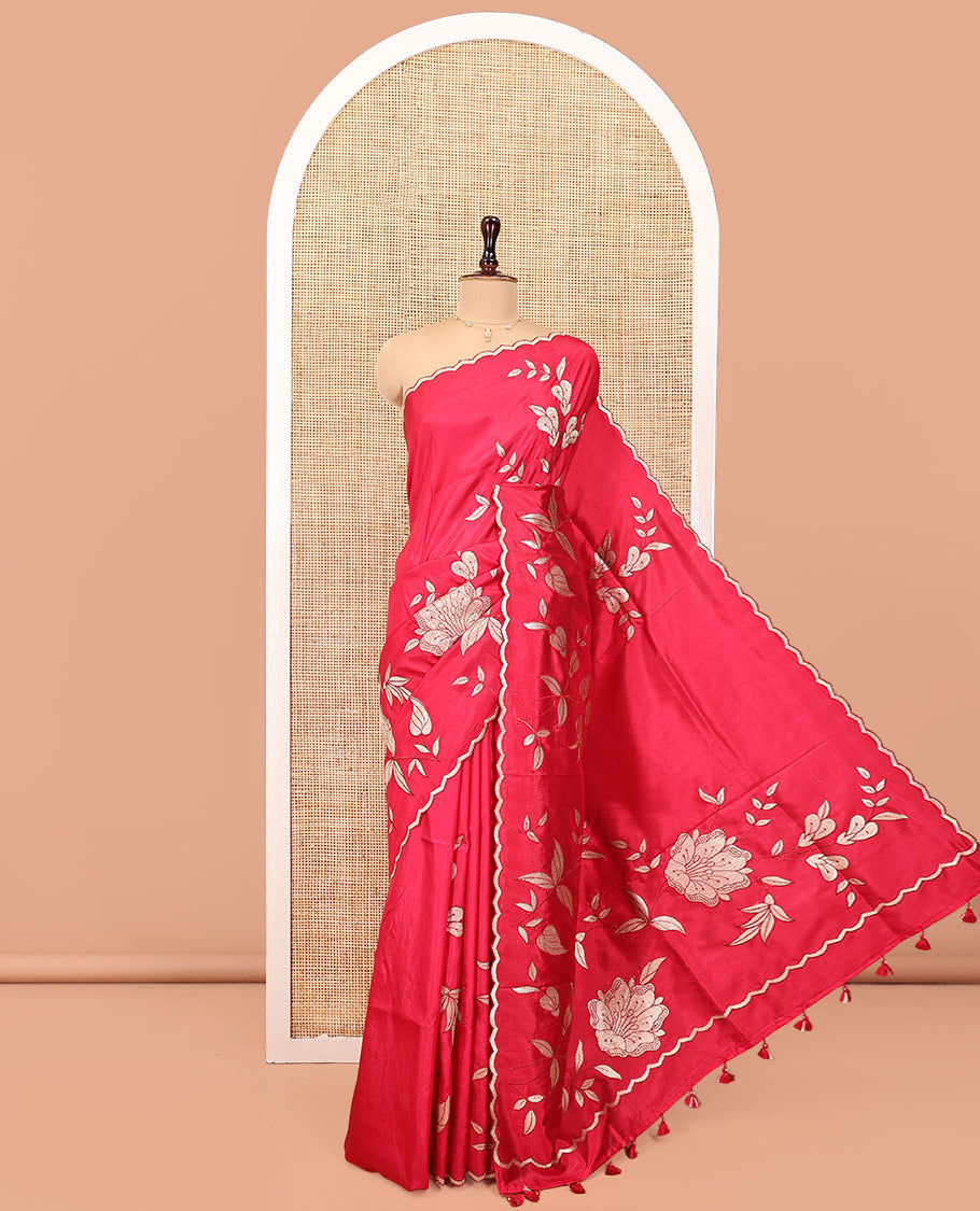 Rani Pink Dupion Silk Saree, Delicately Decked Up with Floral-Leaf Vine Embroidered On Its Body, Subtle Scallop Border, Artfully Floral Embroidered Pallu, and Paired with a Plain Blouse