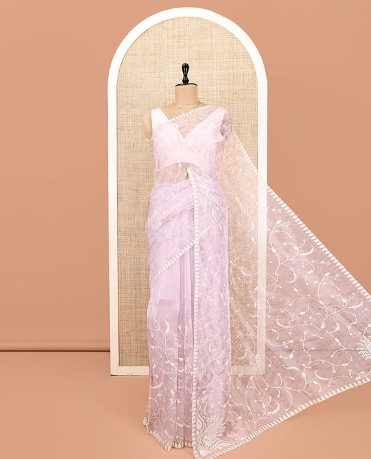 Baby Pink Designer Saree, Mesmerized with Floral Vine Embroidery, Scallop Border, and Matching Embroidered Blouse
