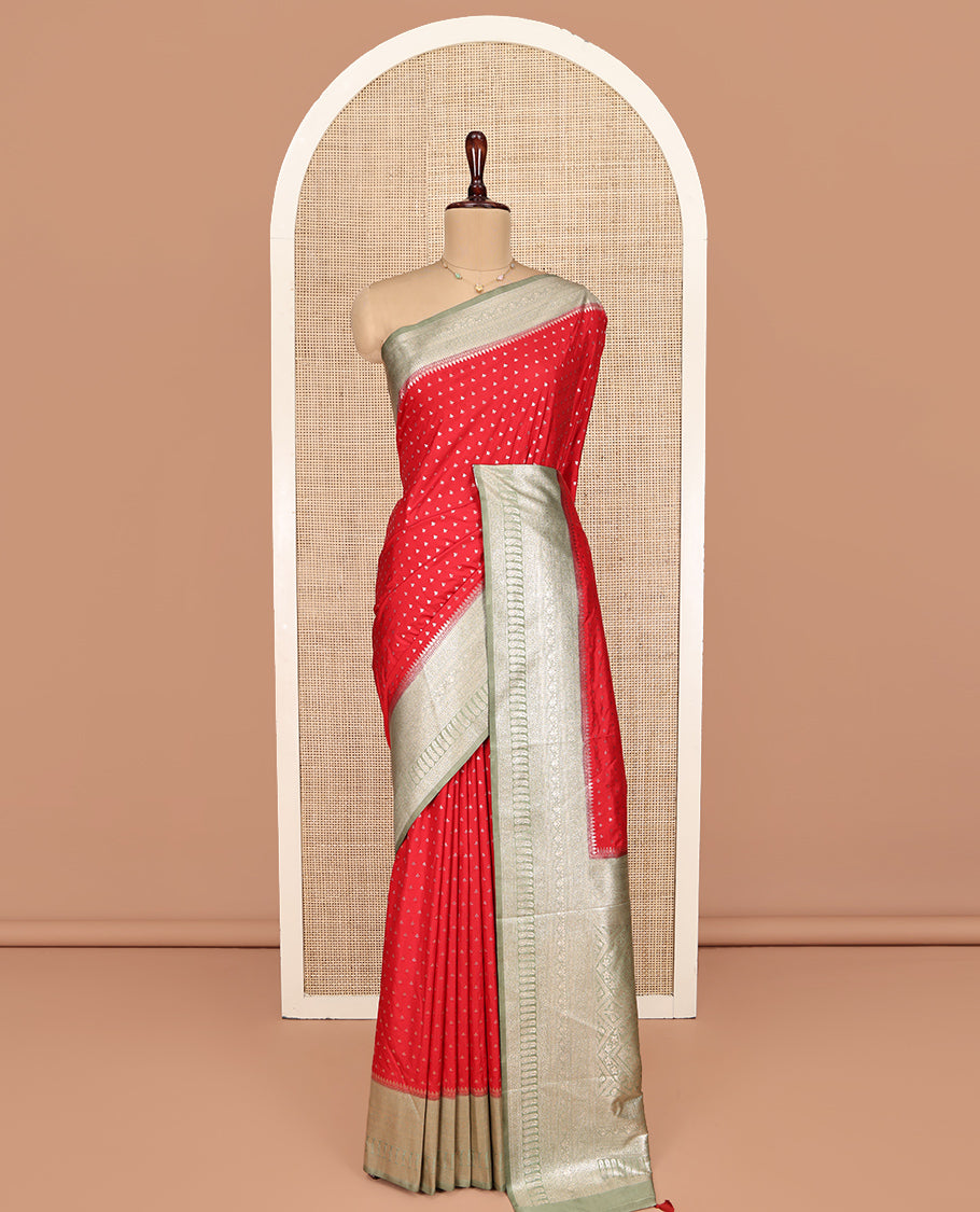 Red Semi-Banaras Dupion Saree, Steeped in Richness of Zari Buttas, Complemented by Contrast Traditional Zari Border, Grand Pallu, and a Contrast Blouse