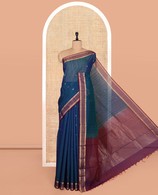 Blue Silk Cotton Saree, Decked Up with Zari Buttas, Complemented by a Contrast Zari Border, Intricate Pallu, and a Contrast Blouse