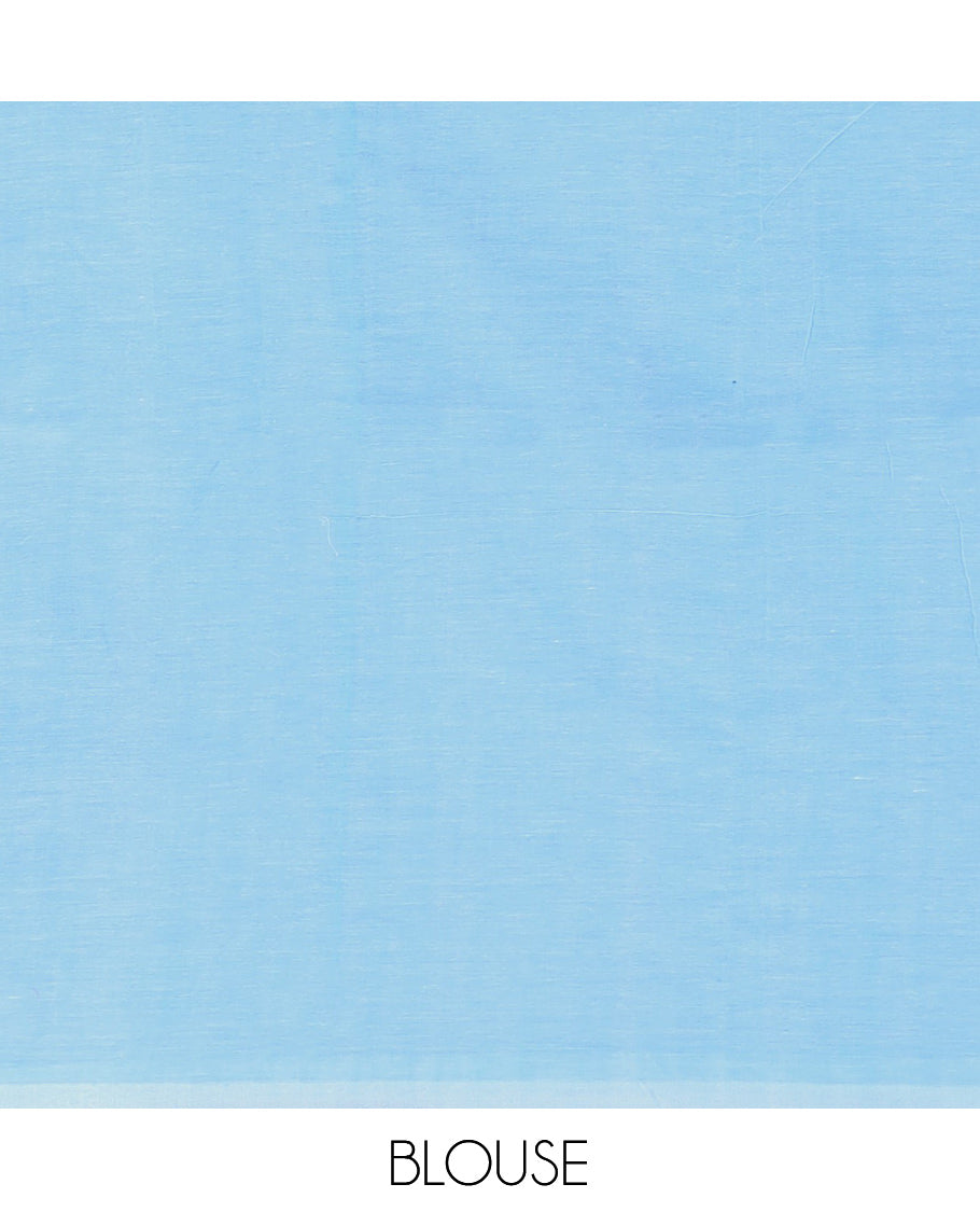 Blue Khadi Mul Cotton Saree Features Floral Motifs Glitter-Print, a Piping Border, and a Matching Blouse