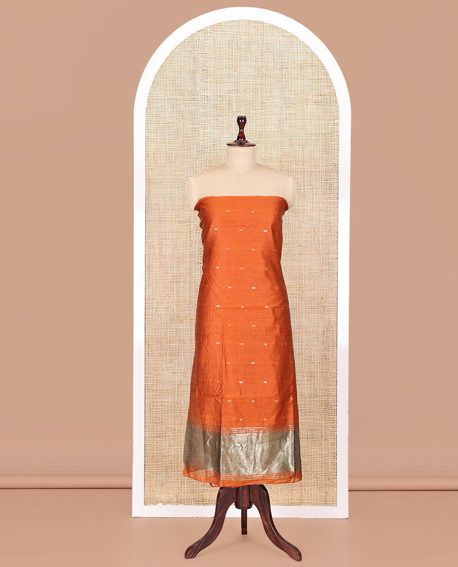 Rust Banarasi Chanderi Material Churidar, Prettified with Buttas Top, a Plain Bottom, and a Matching Dupatta