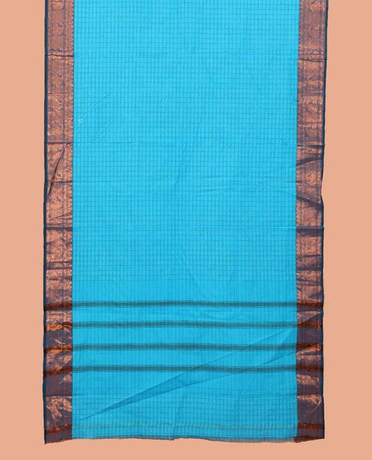 Blue Nine-Yard Cotton Saree Detailed with Buttas Enclosed Checked All Over Its Body, Complemented by a Contrast Border of Floral, Geometric, and Paisley Designs, Subtly Striped Pallu, and Comes Without a Blouse