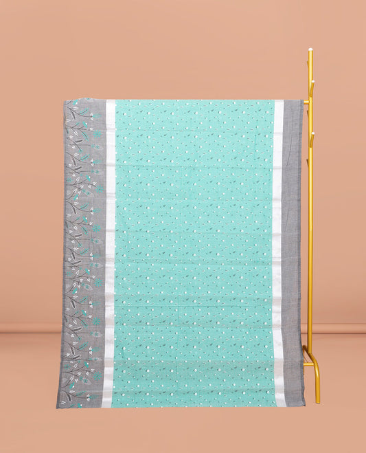 Turquoise Chirala Cotton Saree, Steeped with Buttas, a Contrast Floral Border, Printed Pallu, and a Contrast Blouse