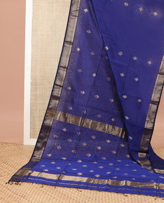 Blue geometric motifs maheshwari cotton saree with contrast zari design border & striped, geometric design pallu