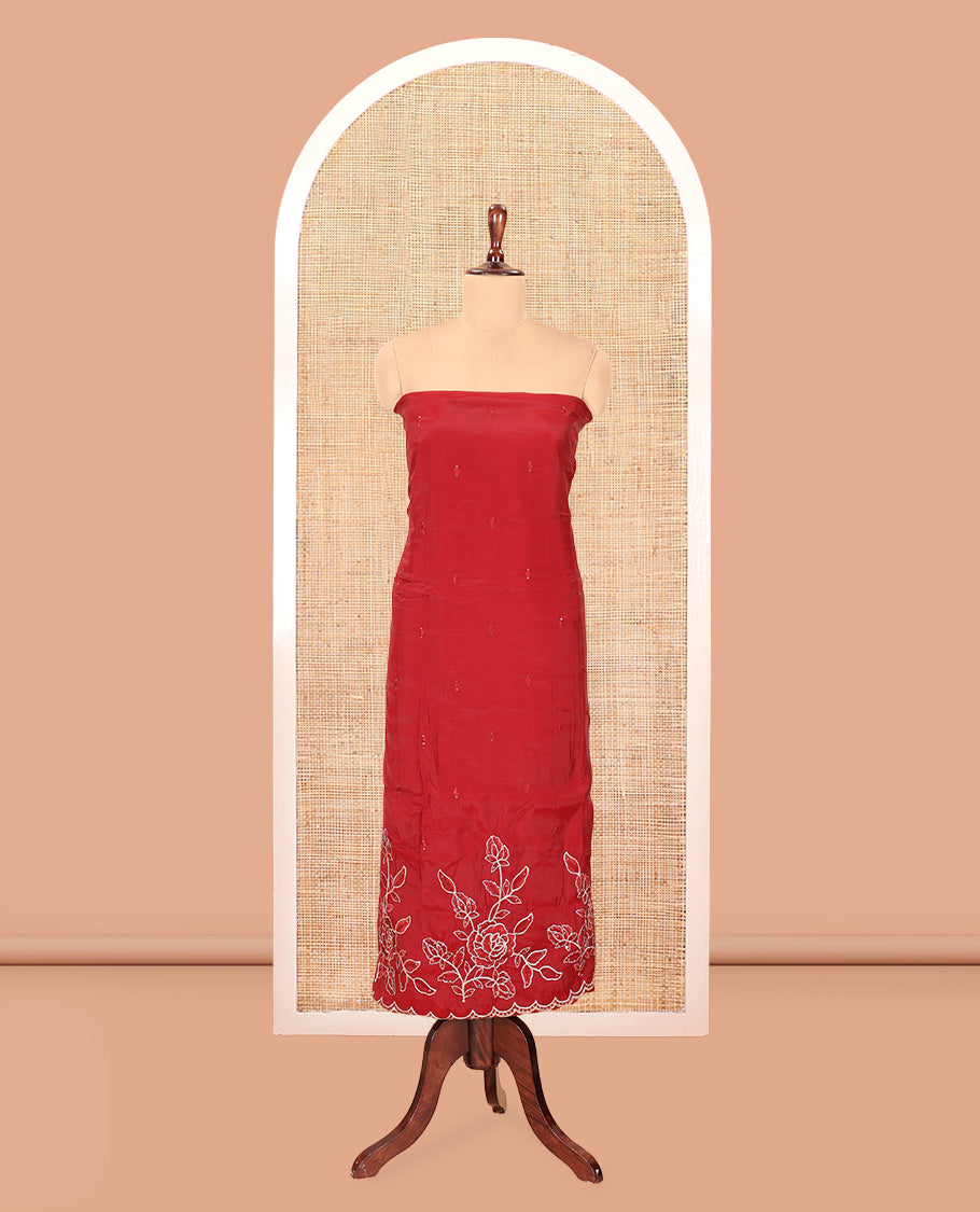 Maroon Mul Chanderi Material Churidar Features a Floral Outline Embroidered Top, a Santoon Bottom, a Scallop Threadwork Dupatta