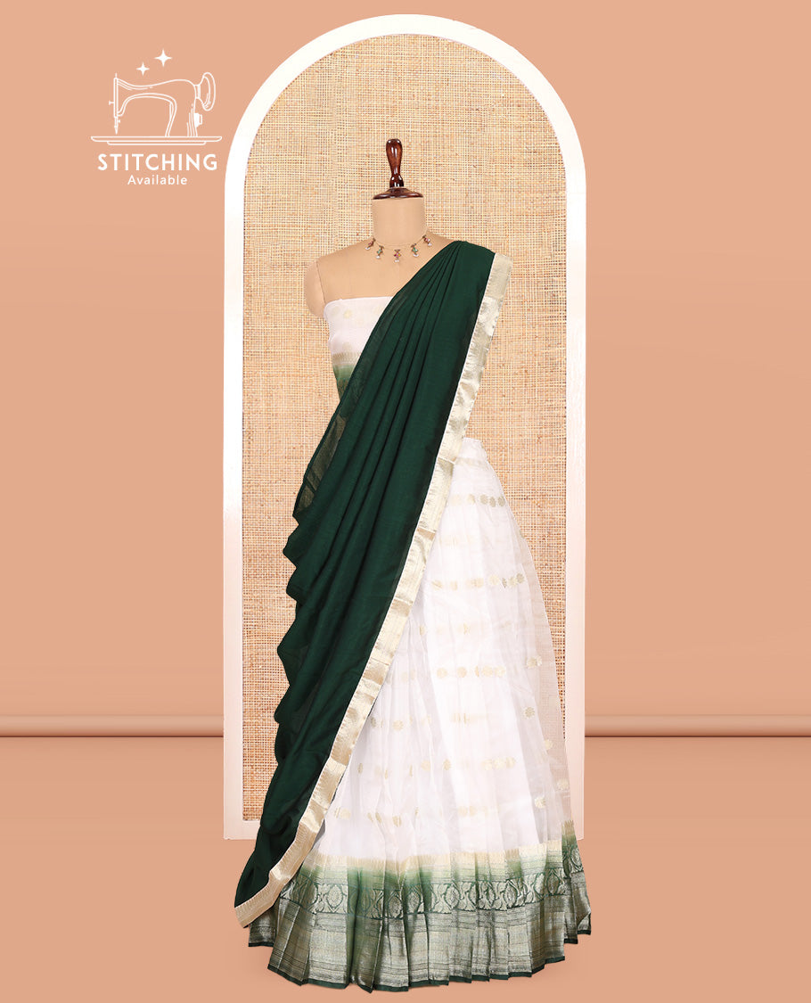 Cream-Green Organza Half-Saree Features Zari Buttas Skirt, Contrast Traditional Border, Matching Blouse, Contrast Dhavani