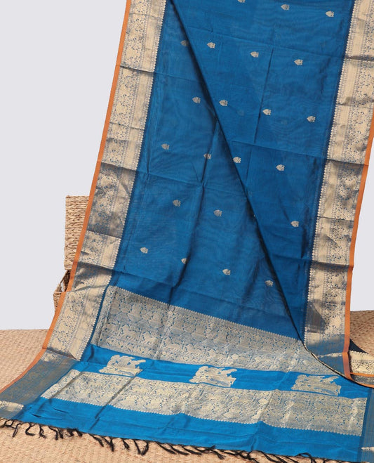 Blue  motifs cotton silk saree with contrast zari design border & intricate zari design pallu