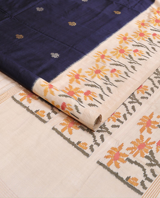 Blue zari buttas pure ikkat saree, contrast border & pallu  of floral designs in ikkat-style