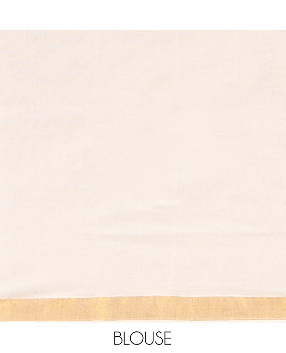 Cream Kerala Cotton Saree, Embellished with Zari Stripes All Over Its Body, a Subtle Bavanji Border, Pallu of Floral-Paisley Designs, and Paired with a Matching Blouse