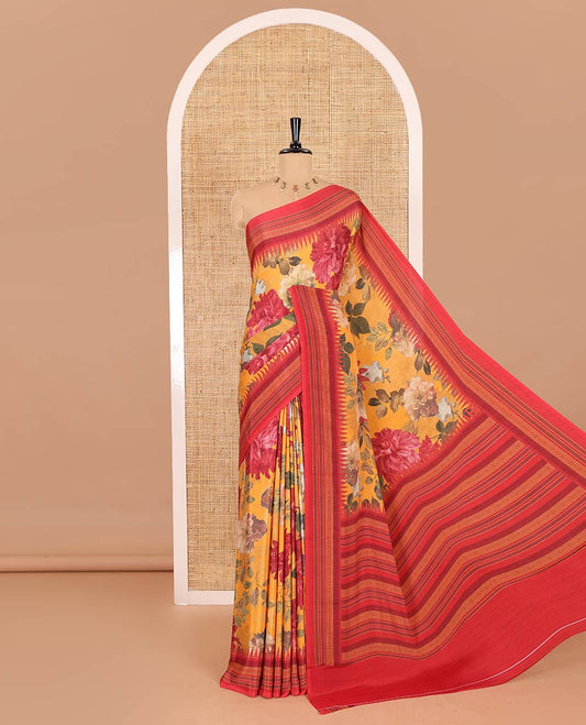Mustrad floral printed Italian crepe saree, contrast temple printed border, striped pallu, and a printed bordered blouse