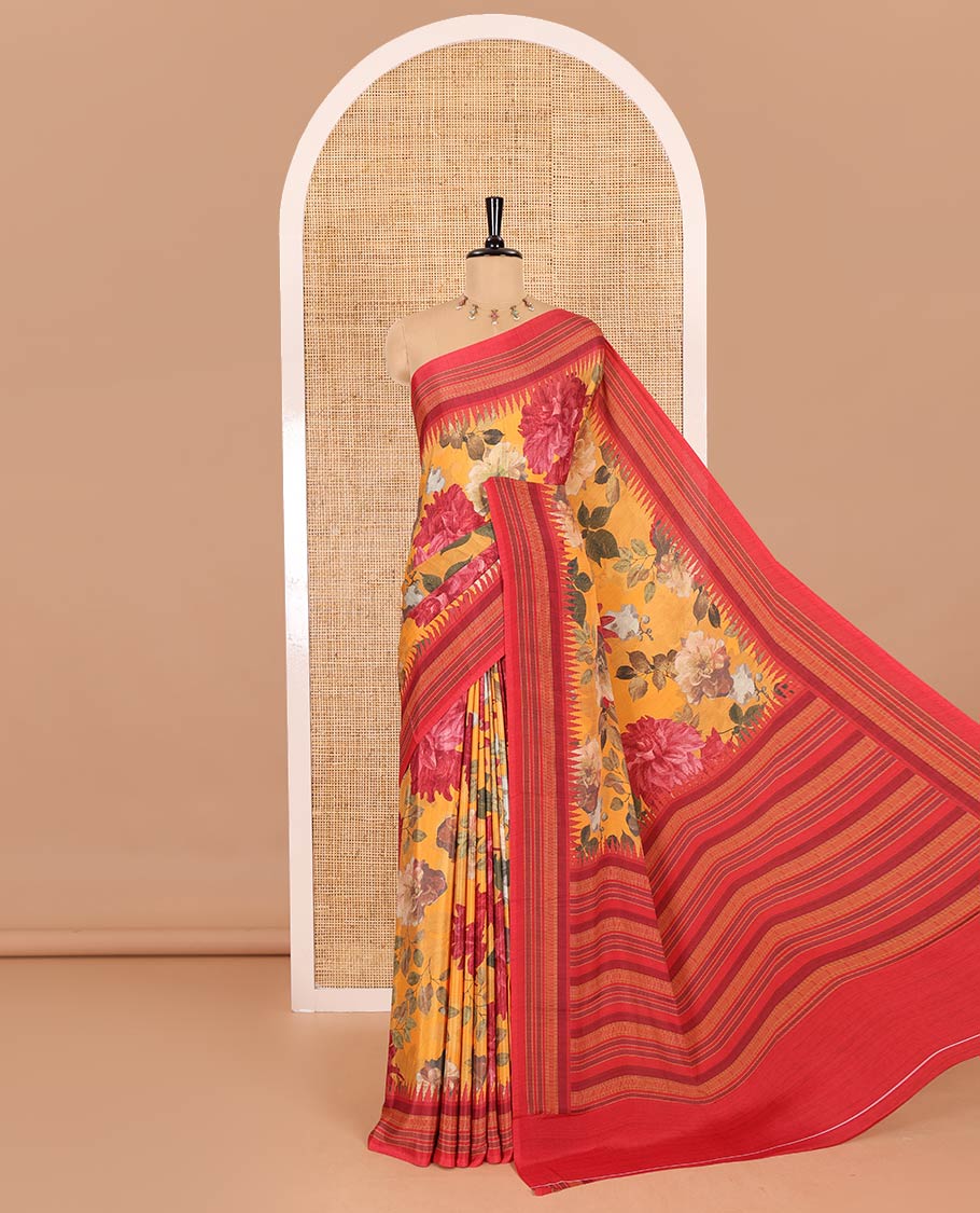 Mustrad floral printed Italian crepe saree, contrast temple printed border, striped pallu, and a printed bordered blouse