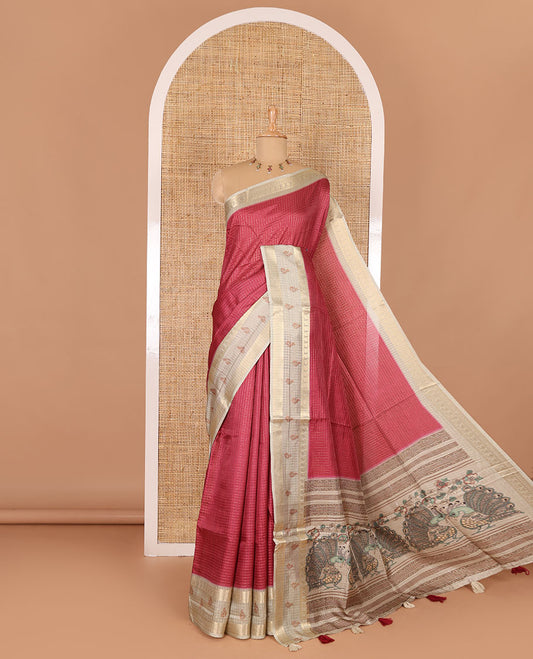 Maroon gold zari checked katan silk saree with contrast traditional zari border of peacock print, peacock printed pallu, and contrast printed blouse