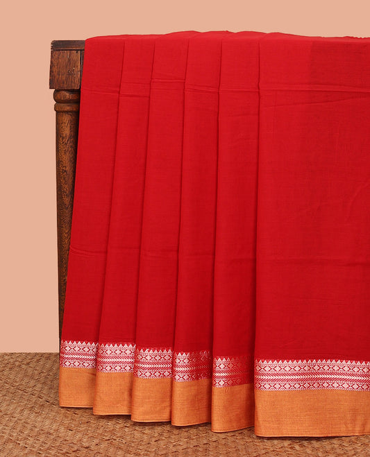 Red Plain Khadi Cotton Saree, Complemented by a Contrast Traditional Motifs Thread Woven Border, Pallu Features Stripes, and Comes Without a Blouse