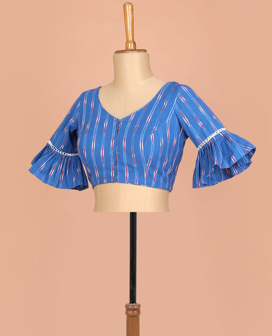 Blue ikkat style cotton readymade blouse with bell sleeve & leaf neck