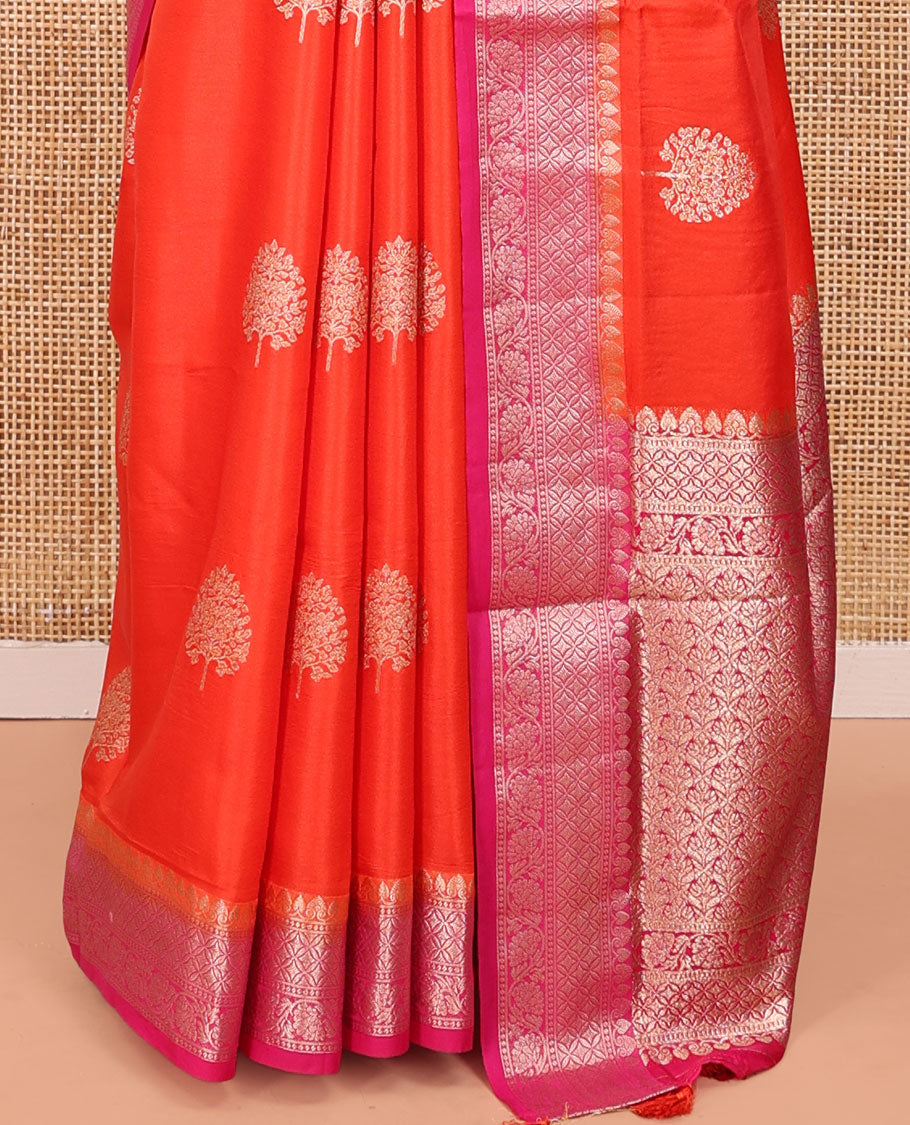 Orange Satin Silk Saree, Embellished with Tree Buttas All Over Its Body, Complemented by a Contrast Traditional Zari Design Border, Intricately Designed Pallu, and Paired with a Contrast Blouse