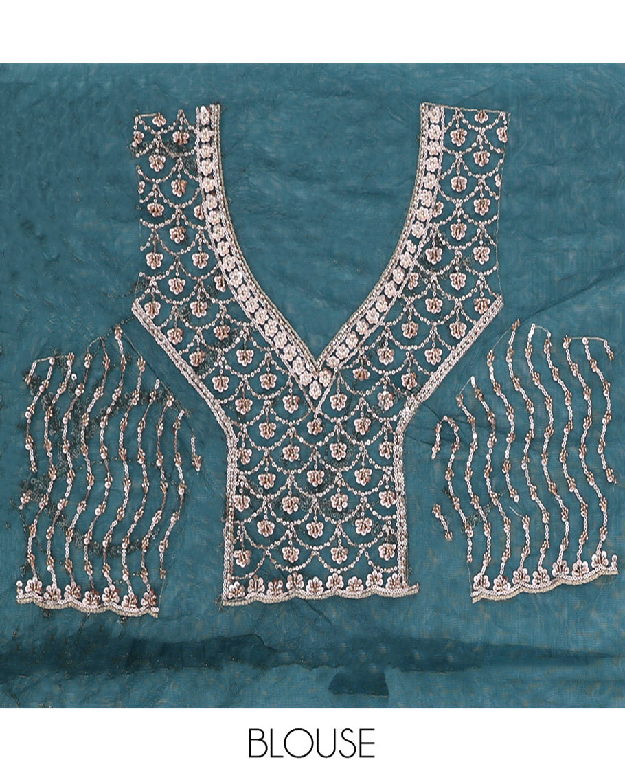 Teal Blue Zig-Zag Sequin Striped Net Designer Saree with a Matching Blouse