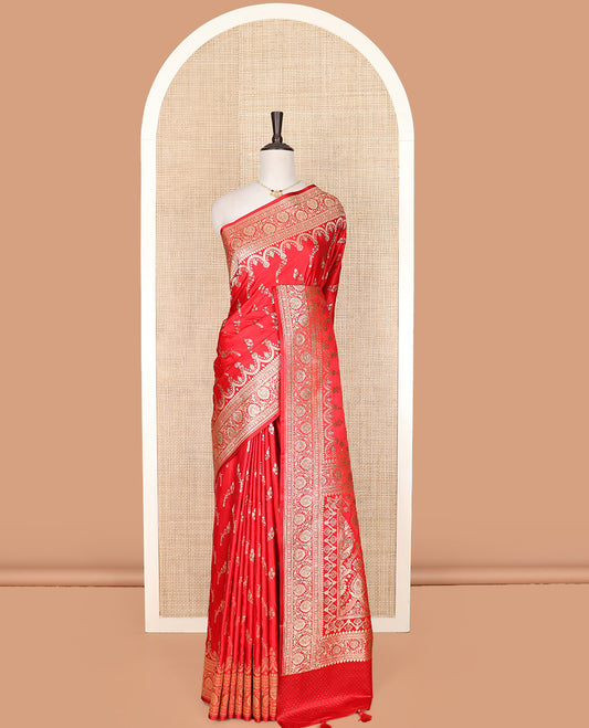 Red floral buttas and stone work banarasi silk saree, floral creeper design woven stone work border, and pallu of intricate designs