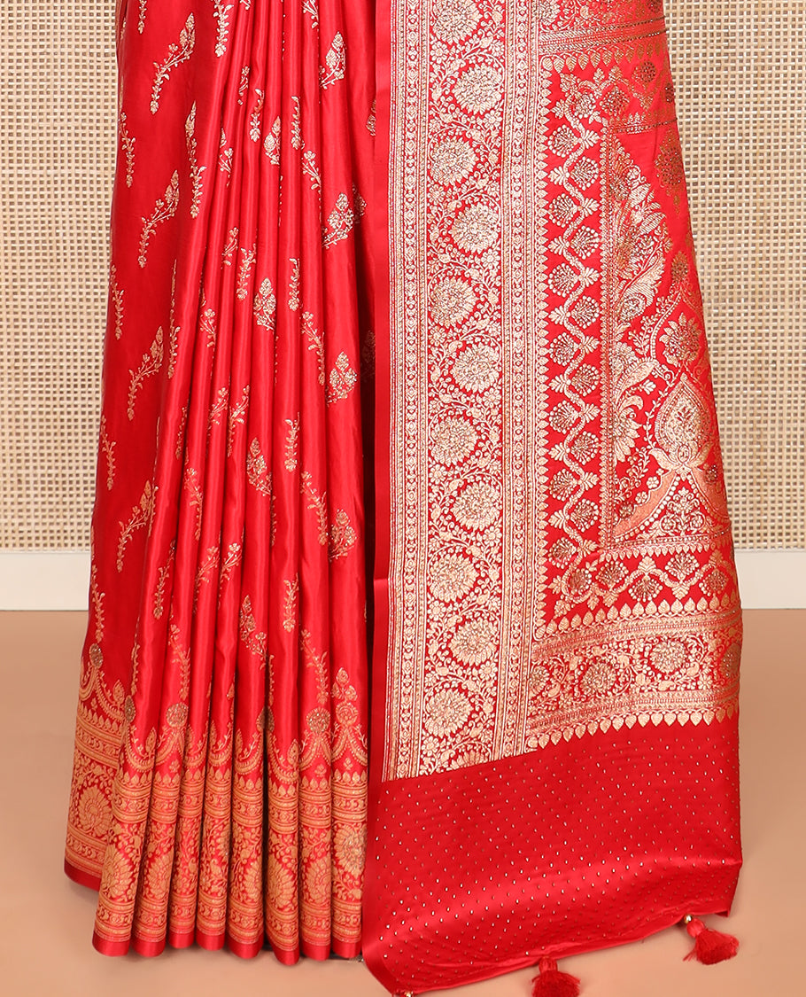 Red floral buttas and stone work banarasi silk saree, floral creeper design woven stone work border, and pallu of intricate designs