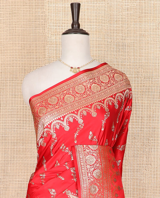 Red floral buttas and stone work banarasi silk saree, floral creeper design woven stone work border, and pallu of intricate designs
