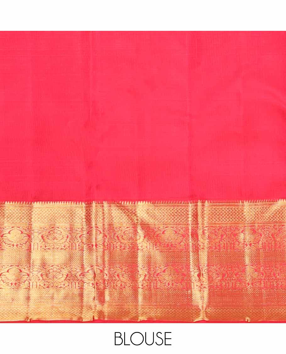 Red floral jacquard silk saree with self border of rekku, banaras, mayil kann, kathir design & zari design pallu