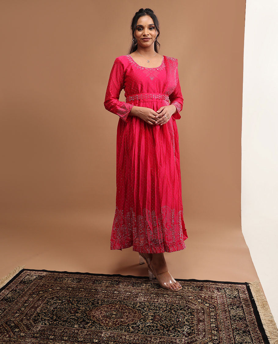 Red floral embroidery round neck, sleeveless , floor lenght with embroidered dupatta & embroidered belt