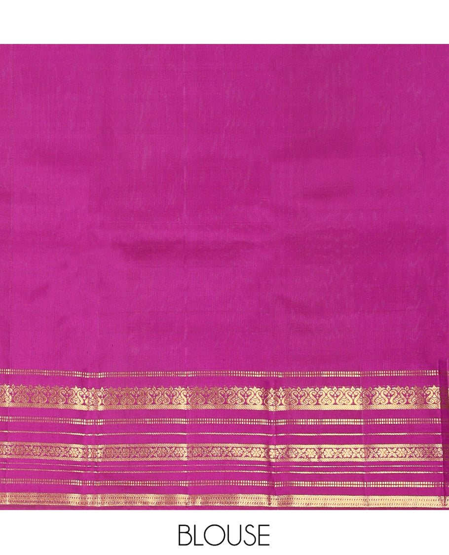 Purple Kanchipuram Designer Silk Saree, Steeped in Richness of Zari Buttas, Zari Border of Muthu, Banaras, and Cross Kamalam Design, Grand Pallu, and a Matching Blouse